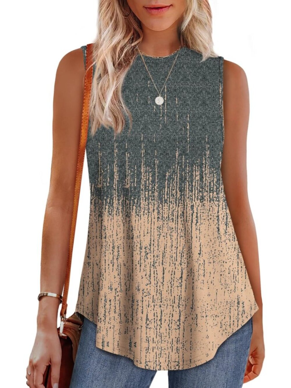 Women's Grey Pink High Neck Tank Loose Fit Sleeveless OutdoorSummer Tunic Tops